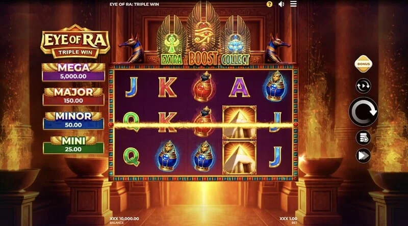 Eye of Ra Triple Win – aðalskjár leiksins með fimm hjólum